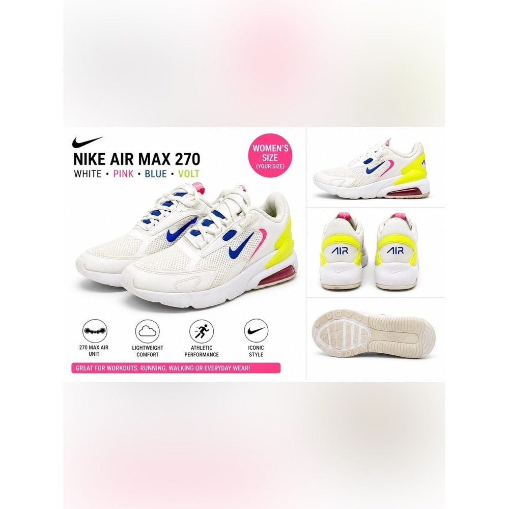 Nike Air Max 270 White Pink Blue Volt Sneakers Women's 9 Used As-Is